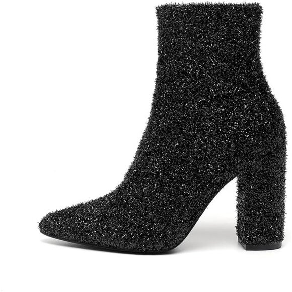 Amoji Ankle Boot Women Size (7.5-9) Black Sequin Pointed Toe With Zipper - Picture 2 of 8